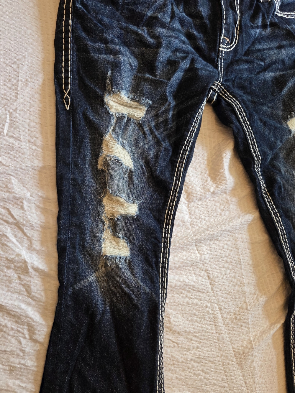 Rock Revival Dark Blue Distressed Ankle Jeans with Contrast Stitching Size 32